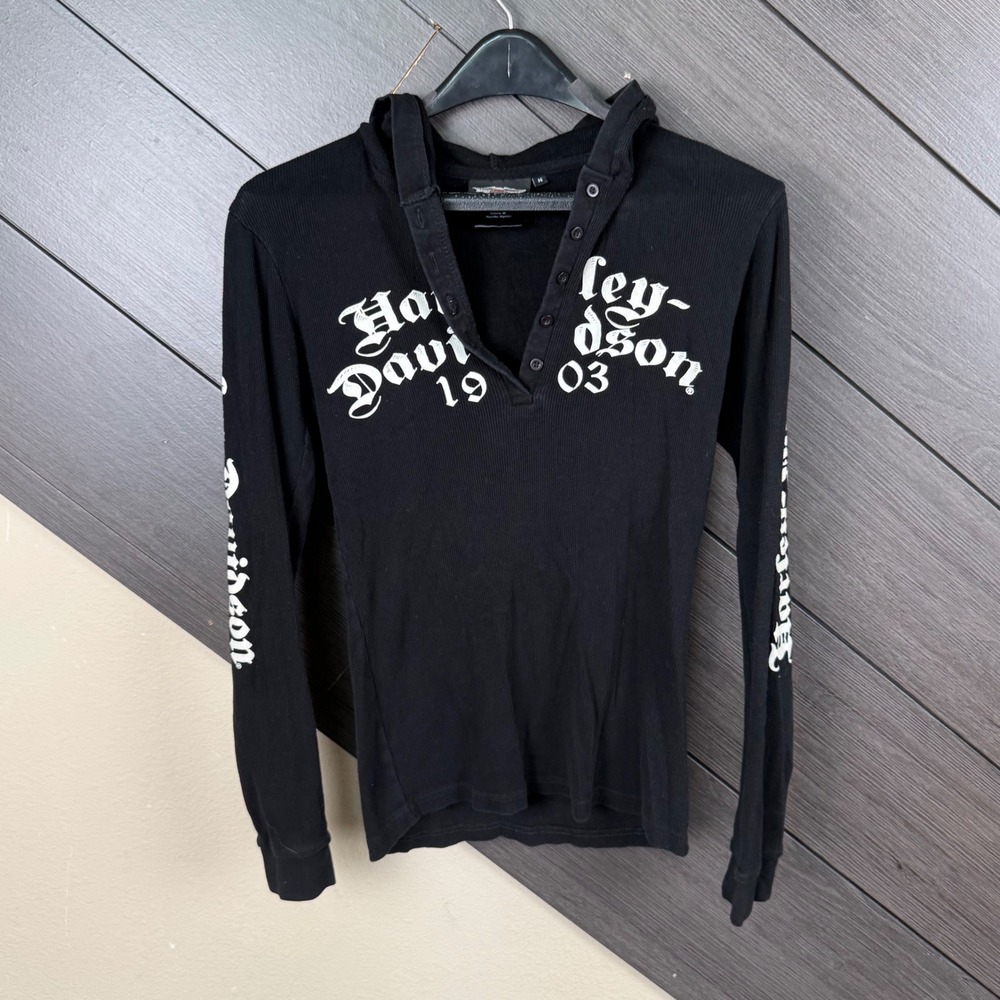 Harley-Davidson Women's Med Black Hooded Henley Shirt Wings Graphic Y2K Grunge